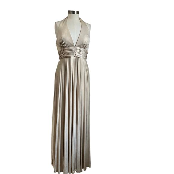 Cache Pale Gold Shimmer Pleated Skirt Jersey Halter Maxi Evening Gown Size 8 - Picture 1 of 9